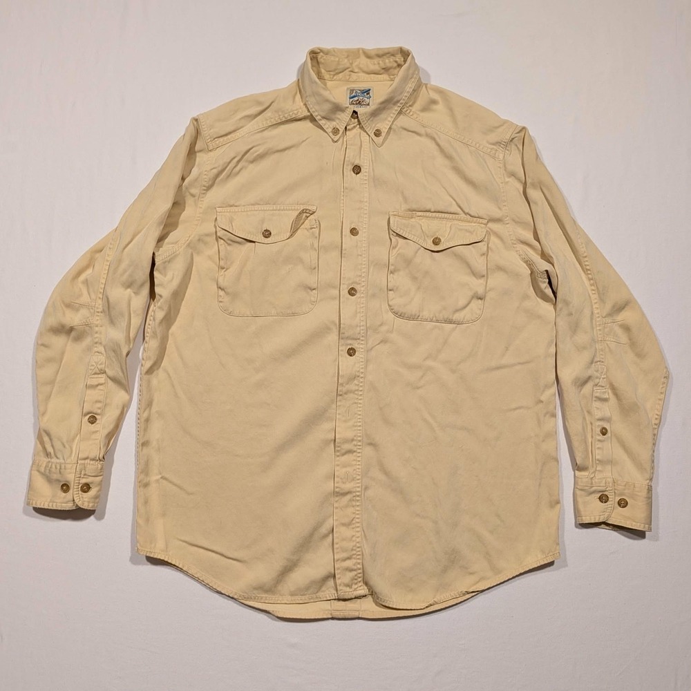 TravelSmith Mens Large Silk‎ Cotton Button Down Shirt Khaki Tan Long Sleeve 7088